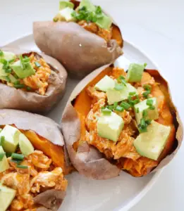 Buffalo Chicken Stuffed Sweet Potatoes