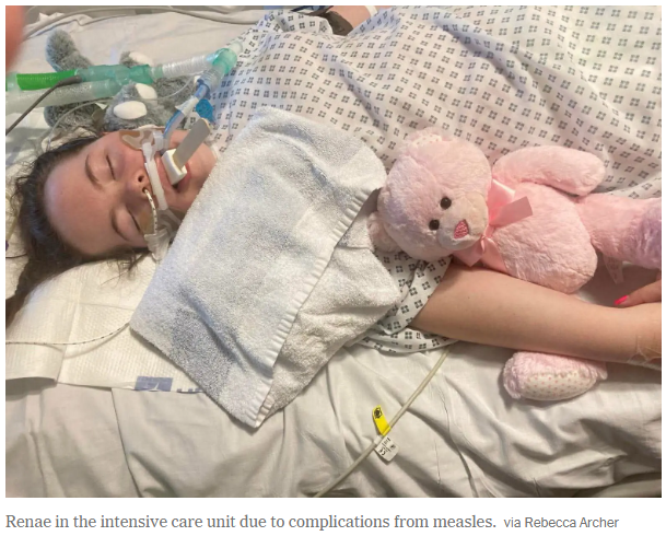 Renae Archer in hospital due to complications from measles - Courtesy Rebecca Archer and NYT